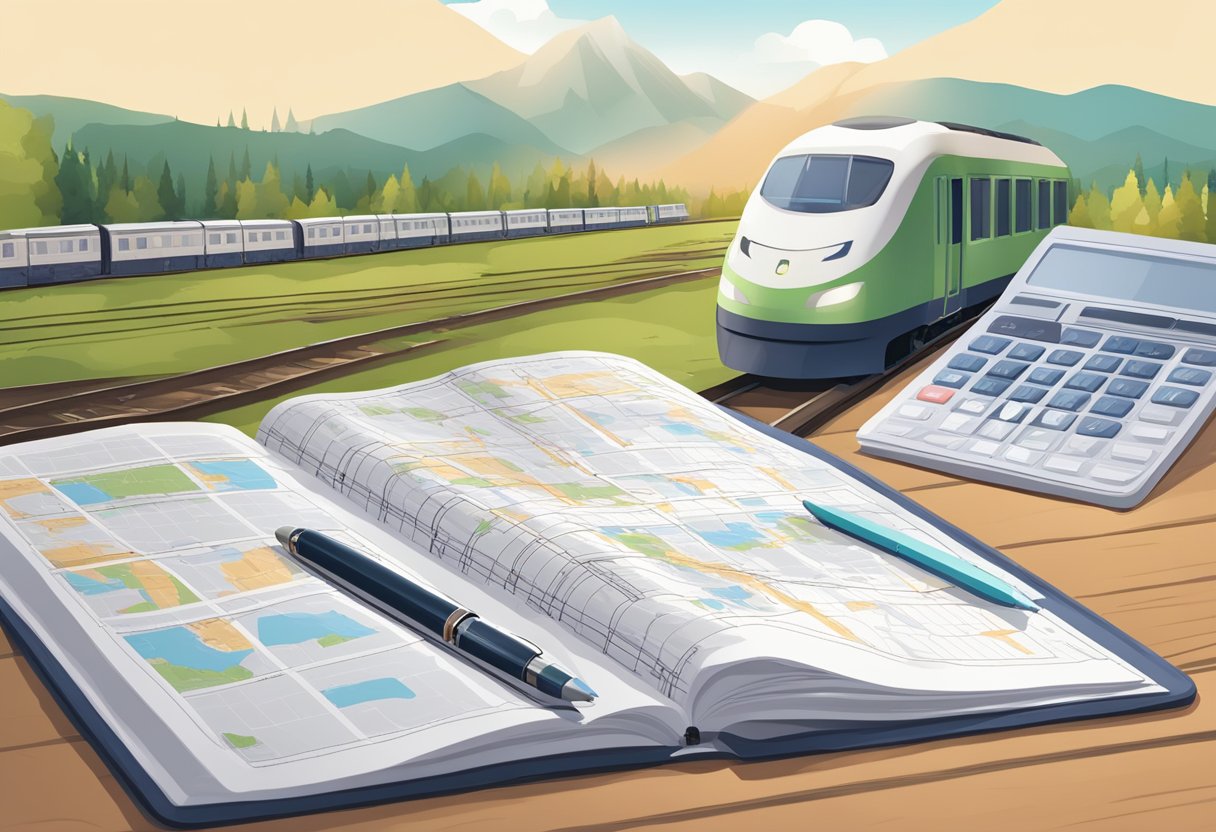 Travel map, train schedule, and budget spreadsheet laid out on a table. Guidebooks and passport nearby