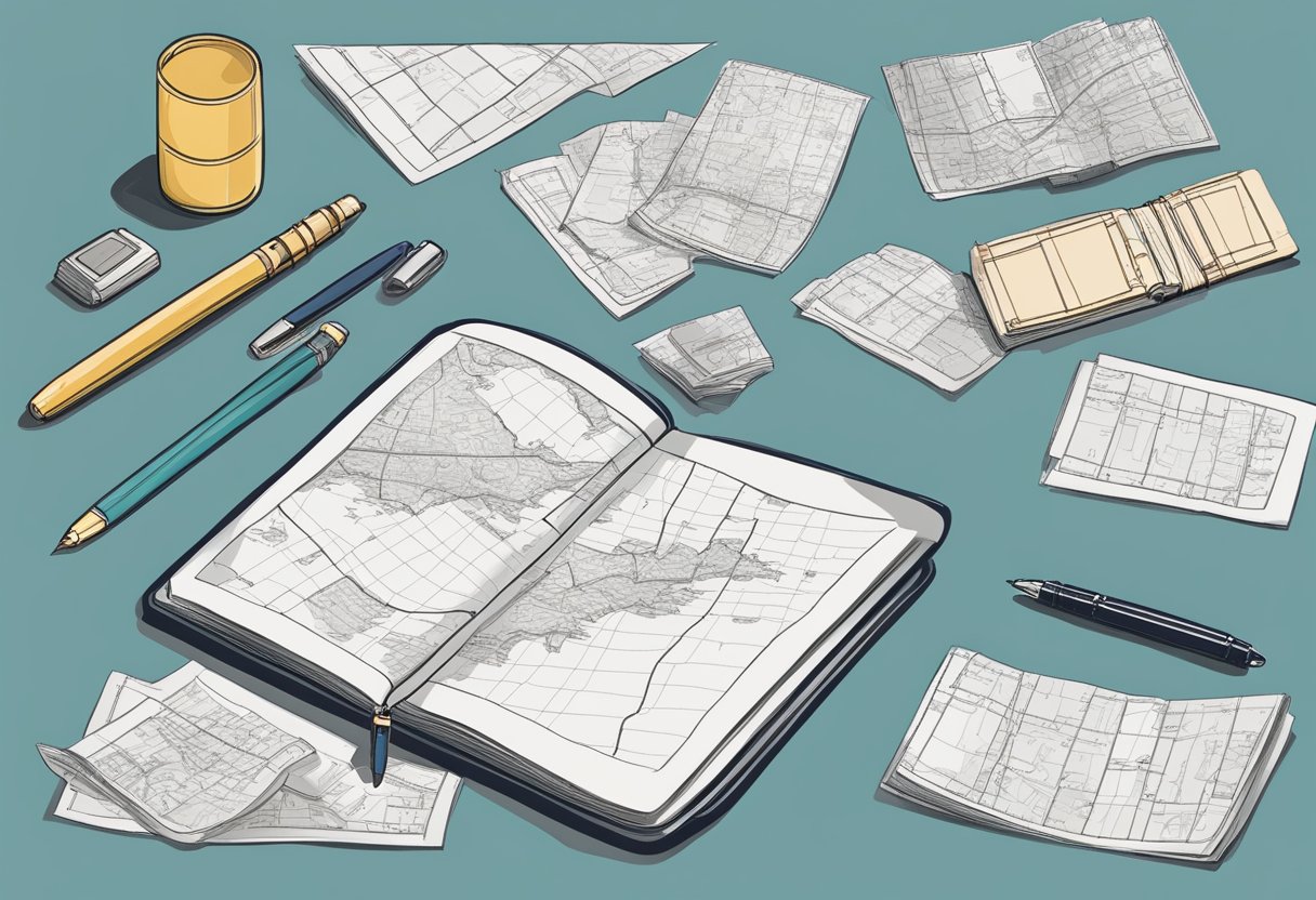A map, train tickets, and a notebook lay on a table. A hand holds a pen, sketching out a route on the map