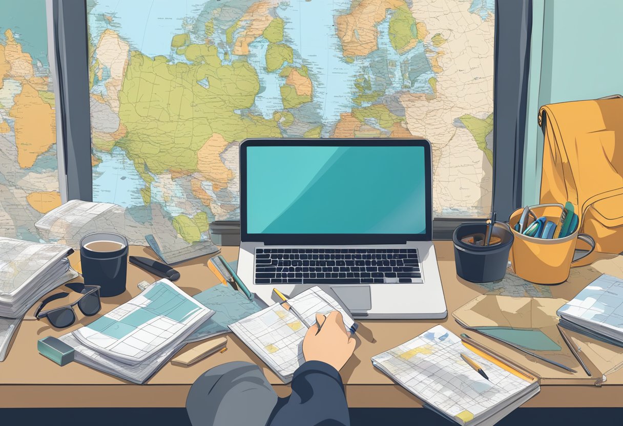 A person sits at a desk with a laptop and a map, booking train tickets and accommodation for an interrail trip. The desk is cluttered with travel guides and a notebook